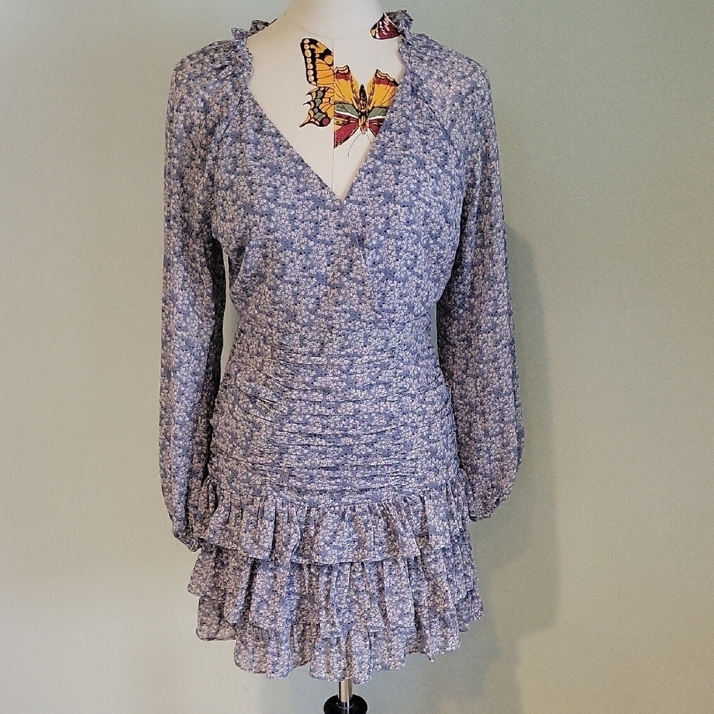 Astr The Label Blue Floral Ruffle Long Puffed Sleeve Midi Dress With Ruching Med